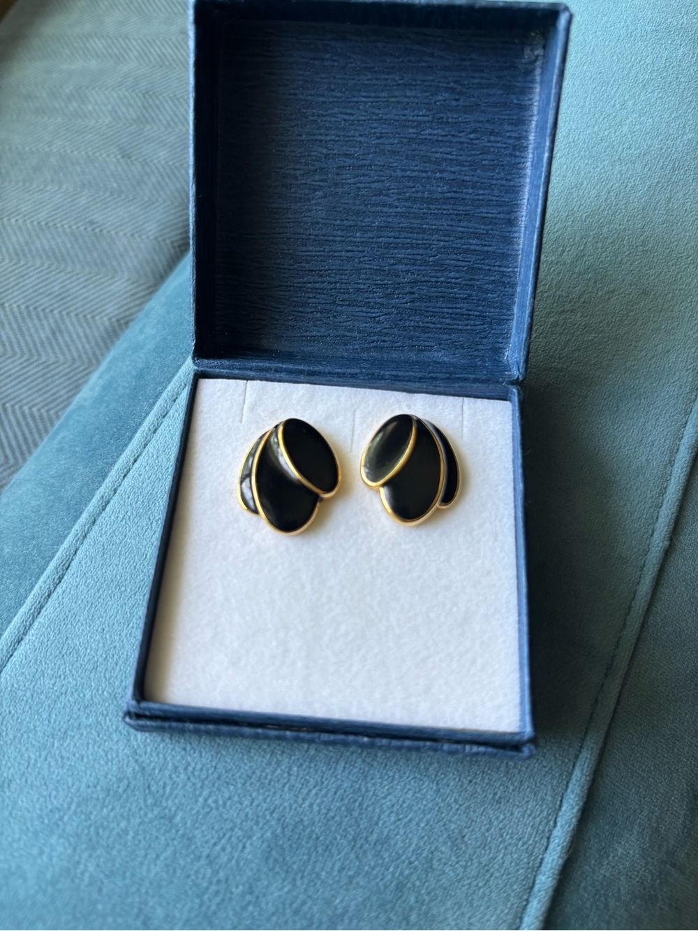 Vintage Napier Gold-Trim Black Enamel Leaf Stud Earrings